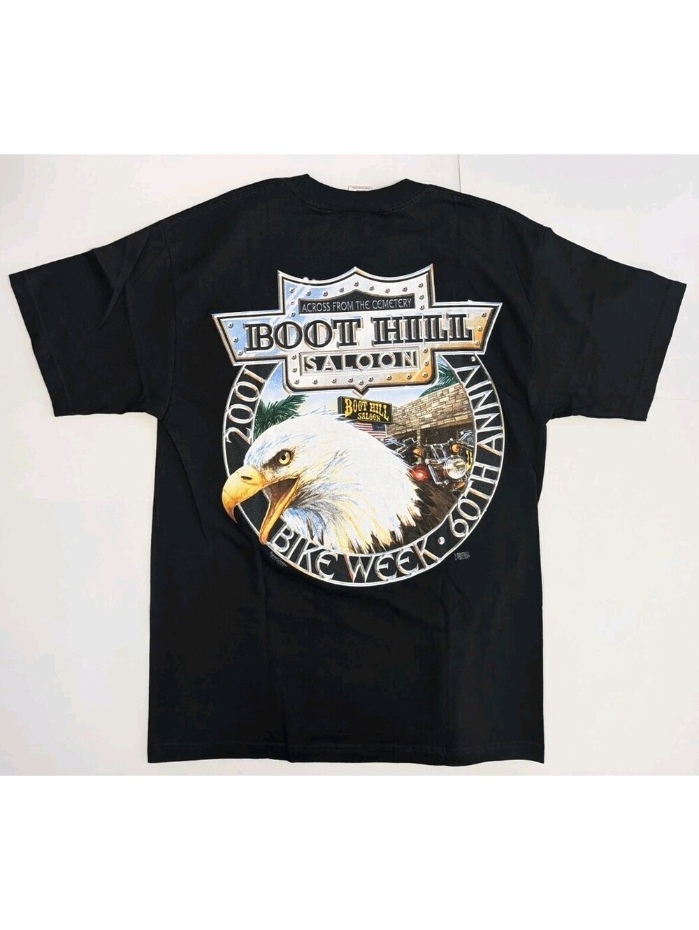Vtg Y2K Bike Week Graphic T-Shirt Pocket Tee Boot Hill Saloon Black Daytona Sz L